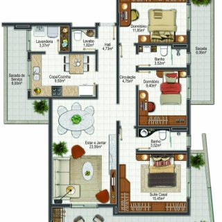 Planta apartamento tipo 1: 3 dormitórios, 1 suítes, 282.00m² área privativa