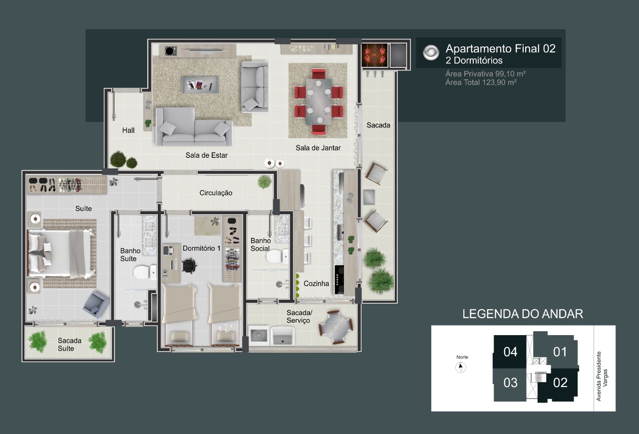 Apartamento Final 02: 1 dormitórios, 1 suítes, 1 banh. social, 99.10m² área privativa, 123.90m² área total