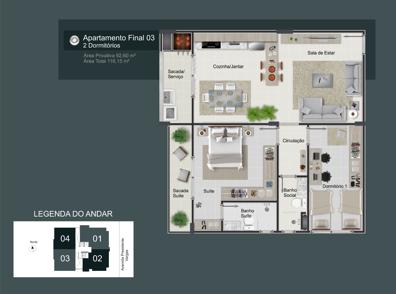 Apartamento Final 03: 1 dormitórios, 1 suítes, 1 banh. social, 92.60m² área privativa, 116.15m² área total