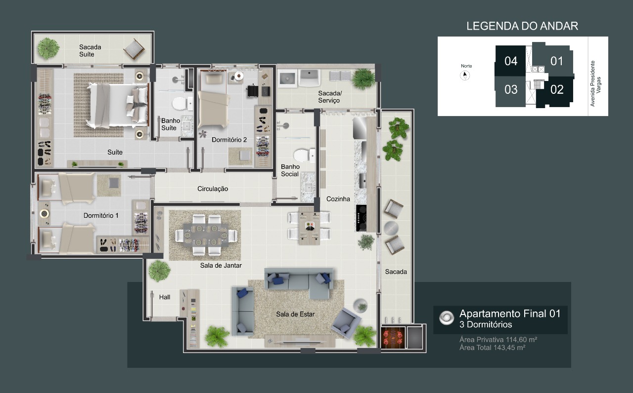 Apartamento Final 01: 2 dormitórios, 1 suítes, 1 banh. social, 114.60m² área privativa, 143.45m² área total