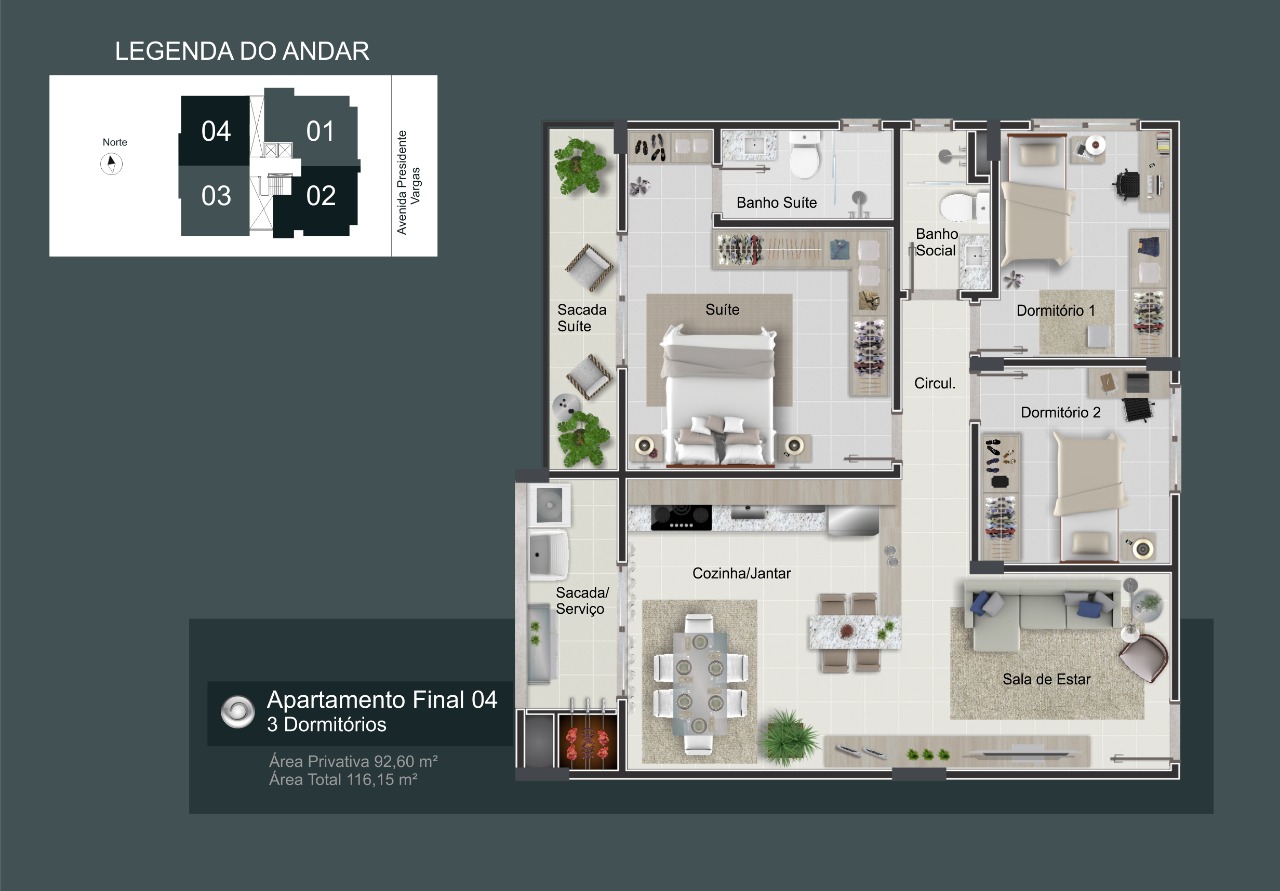 Apartamento Final 04: 2 dormitórios, 1 suítes, 1 banh. social, 92.60m² área privativa, 116.15m² área total