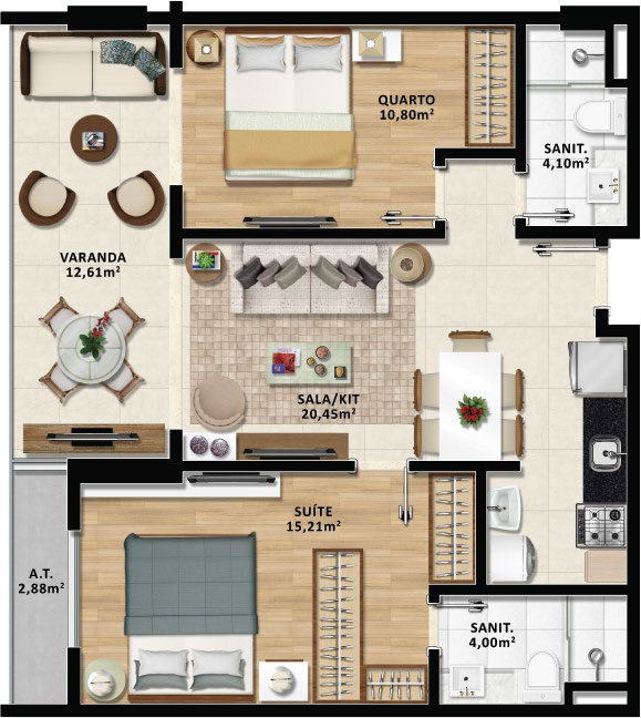 Planta Tipo 2: 2 dormitórios, 1 suítes, 1 banh. social, 70.05m² área privativa, 70.05m² área total