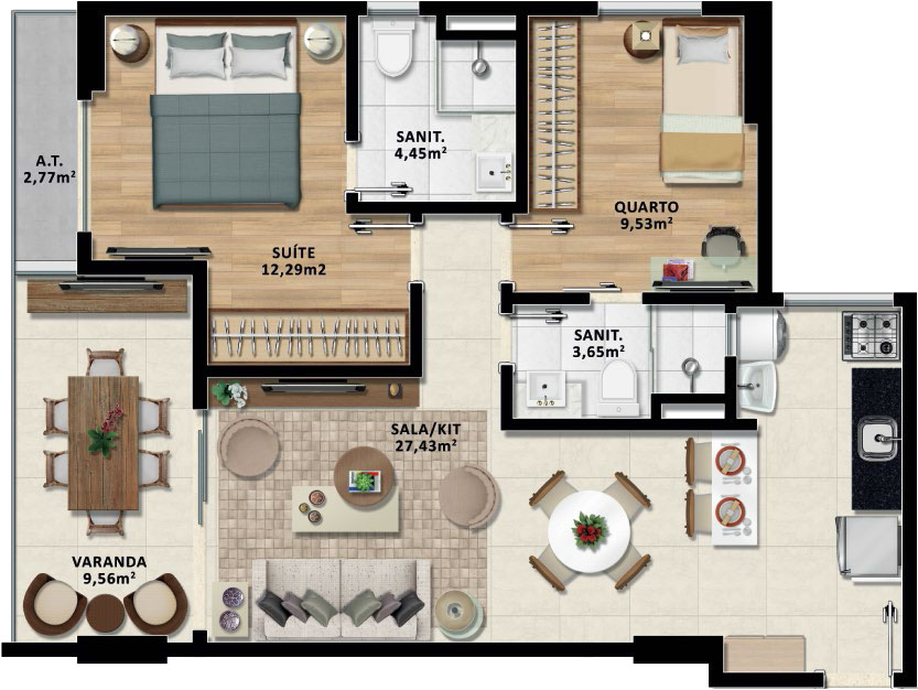 Planta Tipo 1: 2 dormitórios, 1 suítes, 1 banh. social, 69.68m² área privativa, 69.68m² área total