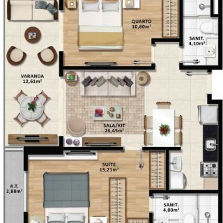 Planta Tipo 2: 2 dormitórios, 1 suítes, 1 banh. social, 70.05m² área privativa, 70.05m² área total